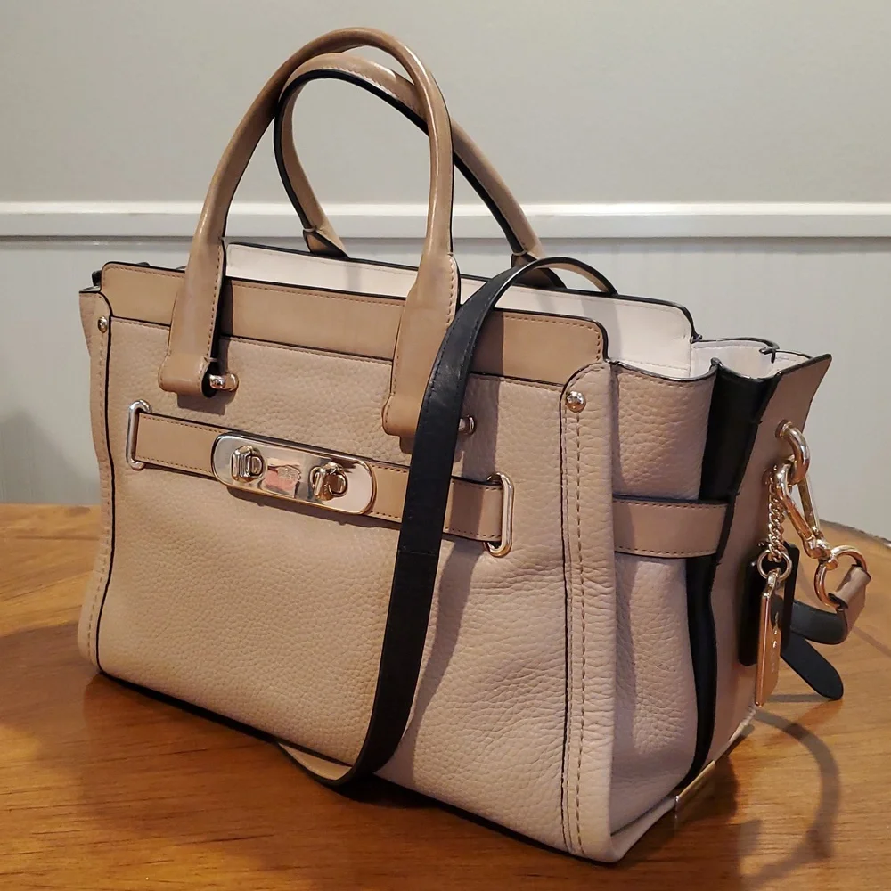 Neutral Beige Leather Satchel Handbag with Gold Hardware